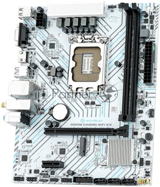 Материнская плата Maxsun B660M GAMING WIFI ICE, LGA 1700, Intel B660, 2xDDR4, 3xSATA, 1xM.2, 1xPCIe 4.0 x16, 1xPCIe x1, 1xVGA, 1xHDMI, 1x1Gb LAN, Wi-Fi 5, Bluetooth 4.2, 2xUSB-A 5Gbps, 4xUSB-A 2.0, 3x3.5 мм, 7.1, белый, mATX