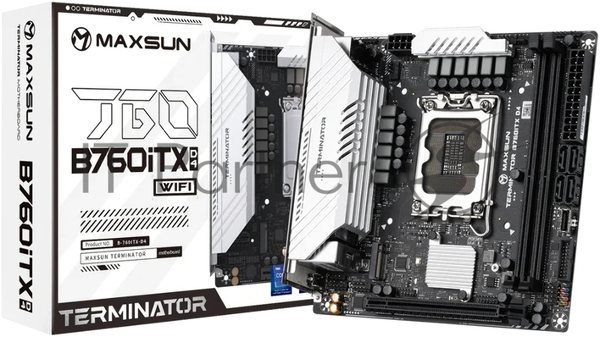 Материнская плата Maxsun Terminator B760ITX D4 WIFI V3, LGA 1700, Intel B760, 2xDDR4 (до 64 ГБ), 4xSATA, 2xM.2 (PCIe 4.0 x4), 1xPCIe 5.0 x16, 1xHDMI, 1xDP, 1x2.5Gb LAN, Wi-Fi 6E, Bluetooth 5.3, 1xUSB-C 20Gbps, 4xUSB-A 5Gbps, 4xUSB-A 2.0, 3x3.5 мм, 7.1, чёрный, Mini-ITX