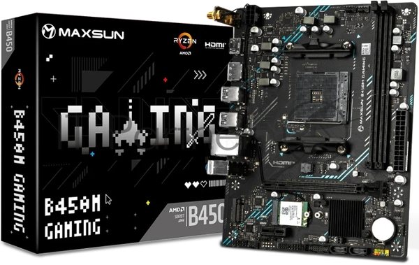 Материнская плата Maxsun B450M GAMING WIFI, AM4, AMD B450, 2xDDR4 (до 64 ГБ), 2xSATA, 1xM.2 (PCIe 3.0 x4), 1xPCIe 3.0 x16, 1xPCIe 3.0 x1, 1xHDMI, 1xDP, 1x1Gb LAN, Wi-Fi 5, Bluetooth 4.2, 4xUSB-A 5Gbps, 2xUSB-A 2.0, 3x3.5 мм, 7.1, mATX
