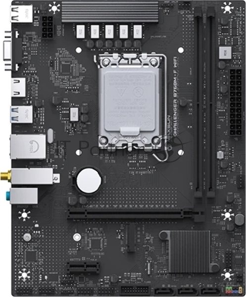 Материнская плата Maxsun Challenger B760M-F WIFI, LGA 1700, Intel B760, 2xDDR4, 3xSATA, 1xM.2, 1xPCIe 4.0 x16, 1xPCIe x1, 1xVGA, 1xHDMI, 1x1Gb LAN, Wi-Fi 5, Bluetooth 4.2, 2xUSB-A 5Gbps, 4xUSB-A 2.0, 3x3.5 мм, 7.1, чёрный, mATX
