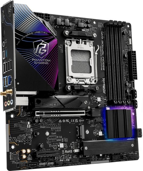 Материнская плата ASRock B850M Riptide WiFi, AM5, AMD B850, 4xDDR5, 4xSATA, 3xM.2, 1xPCIe 5.0 x16, 1xPCIe 4.0 x4, 1xHDMI, 1xDP, 1x2.5Gb LAN, Wi-Fi 7, Bluetooth 5.4, 1xUSB-C 10Gbps, 1xUSB-A 10Gbps, 2xUSB-A 5Gbps, 4xUSB-A 2.0, 3x3.5 мм, 7.1, mATX