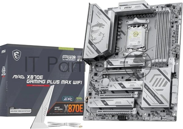 Материнская плата MSI MAG X870E GAMING PLUS MAX WIFI, AM5, AMD X870E, 4xDDR5 (до 256 ГБ), 4xSATA, 3xM.2 (1xPCIe 5.0, 2xPCIe 4.0), 1xPCIe 5.0 x16, 1xPCIe 4.0 x16, 1xPCIe 3.0 x16, 1xPCIe x1, 1xHDMI, 1x5Gb LAN, Wi-Fi 7, Bluetooth 5.4, 1xUSB-C 40Gbps (USB4), 1xUSB-C 20Gbps, 2xUSB-A 10Gbps, 2xUSB-A 5Gbps