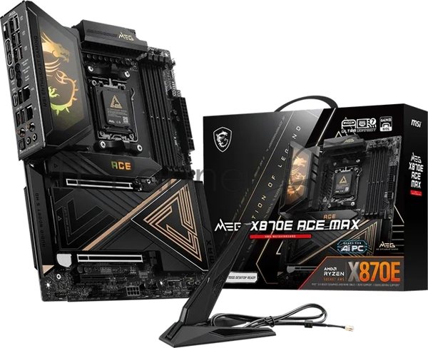 Материнская плата MSI MEG X870E ACE MAX, AM5, AMD X870E, 4xDDR5 (до 256 ГБ), 4xSATA, 5xM.2 (2xPCIe 5.0, 3xPCIe 4.0), 2xPCIe 5.0 x16, 1xPCIe x4, 1xHDMI, 1x5Gb LAN, 1x10Gb LAN, Wi-Fi 7, Bluetooth 5.4, 2xUSB-C 40Gbps (USB4), 2xUSB-C 20Gbps, 2xUSB-A 10Gbps, 7xUSB-A 5Gbps, 3x3.5 мм + S/PDIF оптический, 7