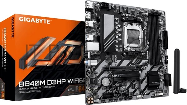 Материнская плата Gigabyte B840M D3HP WIFI6E, AM5, AMD B840, 4xDDR5, 4xSATA, 2xM.2, 1xPCIe 4.0 x16, 1xPCIe x1, 1xHDMI, 2xDP, 1x1Gb LAN, Wi-Fi 6E, Bluetooth 5.3, 1xUSB-C 5Gbps, 1xUSB-A 10Gbps, 3xUSB-A 5Gbps, 2xUSB-A 2.0, 1xPS/2, 3x3.5 мм, 7.1, mATX