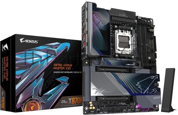 Материнская плата Gigabyte X870E AORUS MASTER X3D, AM5, AMD X870E, 4xDDR5, 4xSATA, 5xM.2, 2xPCIe 5.0 x16, 1xPCIe 4.0 x16, 1xHDMI, 1x5Gb LAN, 1x10Gb LAN, Wi-Fi 7, Bluetooth 5.4, 2xUSB-C 40Gbps (USB4), 1xUSB-C 20Gbps, 1xUSB-C 10Gbps, 7xUSB-A 10Gbps, 3x3.5 мм + S/PDIF оптический, 7.1, ATX