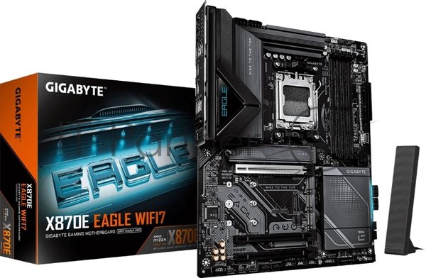 Материнская плата Gigabyte X870E EAGLE X3D WIFI7, AM5, AMD X870E, 4xDDR5, 4xSATA, 4xM.2, 1xPCIe 5.0 x16, 1xPCIe 4.0 x16, 1xPCIe 3.0 x16, 1xHDMI, 1x5Gb LAN, Wi-Fi 7, Bluetooth 5.4, 2xUSB-C 40Gbps (USB4), 1xUSB-C 10Gbps, 4xUSB-A 10Gbps, 4xUSB-A 5Gbps, 3x3.5 мм + S/PDIF оптический, 7.1, чёрный, с подсв