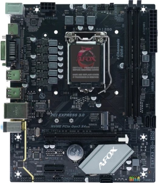 Материнская плата AFOX IH410D4-MA-V2, LGA 1200, Intel H410, 2xDDR4, 3xSATA, 1xM.2, 1xPCIe 3.0 x16, 1xPCIe 3.0 x1, 1xVGA, 1xDVI, 1xHDMI, 1x1Gb LAN, 2xUSB-A 5Gbps, 4xUSB-A 2.0, 5.1, mATX