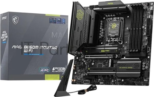 Материнская плата MSI MAG B860M MORTAR WIFI, LGA 1851, Intel B860, 4xDDR5 (до 256 ГБ), 4xSATA, 3xM.2 (1xPCIe 5.0, 2xPCIe 4.0), 1xPCIe 5.0 x16, 1xPCIe 4.0 x4, 1xHDMI, 1xDP, 1x5Gb LAN, Wi-Fi 7, Bluetooth 5.4, 1xUSB-C 40Gbps (Thunderbolt 4), 1xUSB-C 10Gbps, 3xUSB-A 10Gbps, 4xUSB-A 2.0, 3x3.5 мм + S/PDI