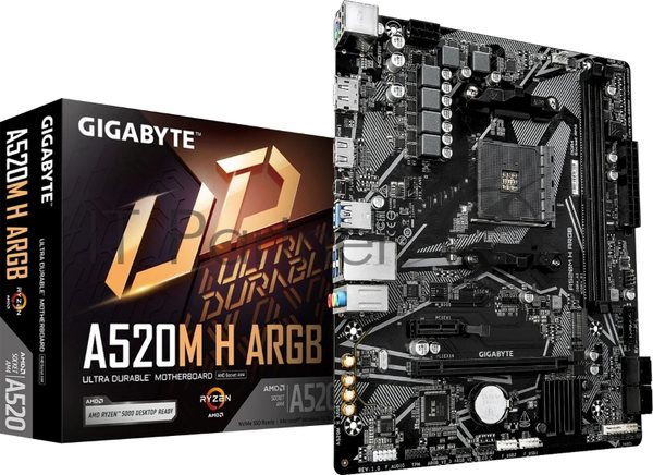 Материнская плата Gigabyte A520M H ARGB, AM4, AMD A520, 2xDDR4, 4xSATA, 1xM.2, 1xPCIe 3.0 x16, 1xPCIe x1, 1xHDMI, 1xDP, 1x1Gb LAN, 4xUSB-A 5Gbps, 2xUSB-A 2.0, 1xPS/2, 3x3.5 мм, 7.1, mATX