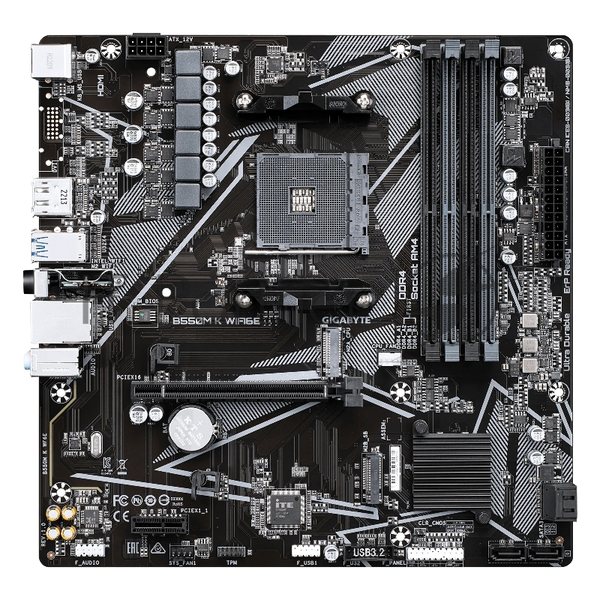 Материнская плата Gigabyte B550M-K WIFI6E, AM4, AMD B550, 4xDDR4, 4xSATA, 2xM.2, 1xPCIe 4.0 x16, 1xPCIe 3.0 x1, 1xHDMI, 1xDP, 1x1Gb LAN, Wi-Fi 6E, Bluetooth 5.3, 4xUSB-A 5Gbps, 4xUSB-A 2.0, 1xPS/2, 3x3.5 мм, 7.1, mATX