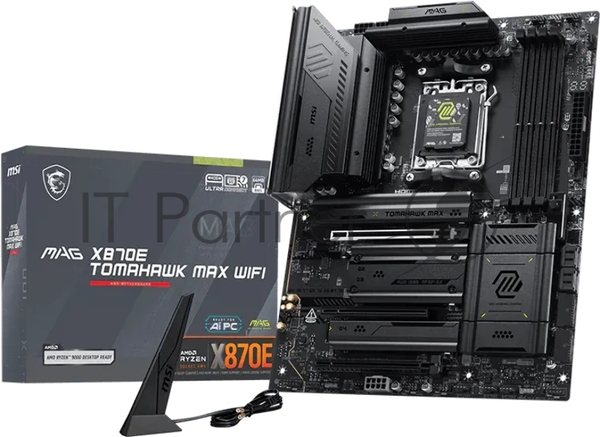 Материнская плата MSI MAG X870E TOMAHAWK MAX WIFI, AM5, AMD X870E, 4xDDR5 (до 256 ГБ), 4xSATA, 4xM.2 (2xPCIe 5.0, 2xPCIe 4.0), 1xPCIe 5.0 x16, 1xPCIe 4.0 x16, 1xPCIe 3.0 x16, 1xHDMI, 1x5Gb LAN, Wi-Fi 7, Bluetooth 5.4, 2xUSB-C 40Gbps (USB4), 1xUSB-C 10Gbps, 2xUSB-A 10Gbps, 3xUSB-A 5Gbps, 4xUSB-A 2.0,