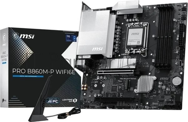 Материнская плата MSI PRO B860M-P WIFI6E, LGA 1851, Intel B860, 4xDDR5 (до 256 ГБ), 4xSATA, 2xM.2 (1xPCIe 5.0, 1xPCIe 4.0), 1xPCIe 5.0 x16, 1xPCIe 4.0 x16, 1xVGA, 1xHDMI, 2xDP, 1x2.5Gb LAN, Wi-Fi 6E, Bluetooth 5.3, 3xUSB-A 5Gbps, 2xUSB-A 2.0, 3x3.5 мм, 7.1, чёрный, mATX