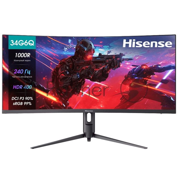 Монитор Hisense/ 34"/3440x1440, изогнутый, VA/ELED, 21:9, матовое/антибликовое, 240Гц, время отклика 1мс, 320кд/м2, 3000:1, встроенные колонки 2*3Вт, HDR 400, DisplayPort,  HDMIх2, разъем для наушников 3.5мм, rotatable lifting