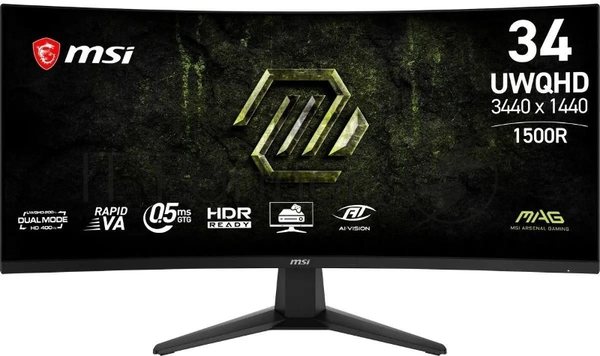 Монитор MSI 34" MAG 346CQDF E20 1500R, 21:9, VA, 0,5ms, 300cd, UWQHD 200Hz/FHD 400Hz, HDMI, D