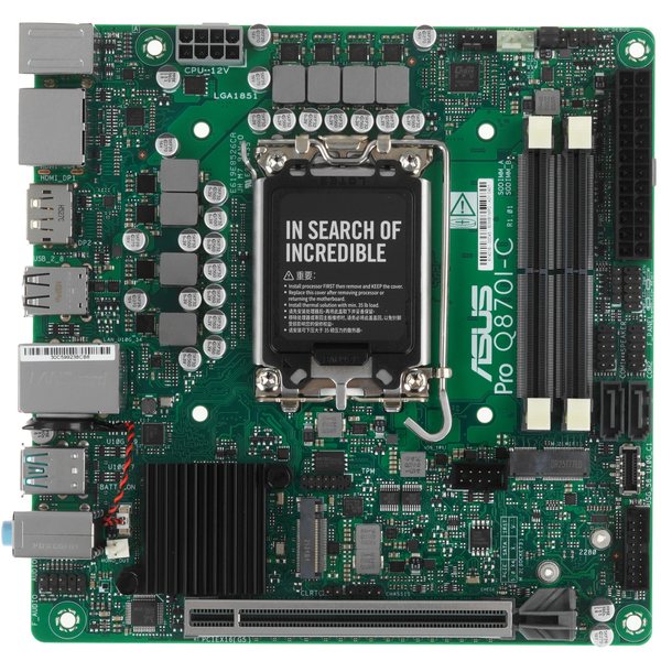 Материнская плата ASUS Pro Q870I-C-CSM, LGA 1851, Intel Q870, 2xDDR5 SO-DIMM, 2xSATA, 1xM.2, 1xPCIe 5.0 x16, DisplayPort, HDMI, 1x1Gb LAN, 3x3.5 мм, 7.1, Mini-ITX