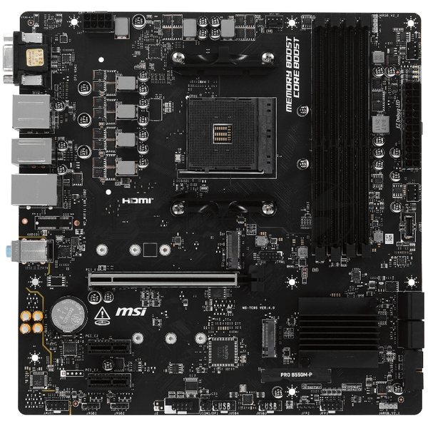 Материнская плата MSI PRO B550M-P, AM4, AMD B550, 4xDDR4, 4xSATA 6Gb/s, 2xM.2 (PCIe 4.0/3.0), 1xPCIe 4.0 x16, 2xPCIe 3.0 x1, 1xVGA, 1xHDMI, 1xDisplayPort, 1x 1Gb LAN, 4xUSB 3.2 Gen1 Type-A, 2xUSB 2.0 Type-A, 3x3.5 мм, 7.1, microATX