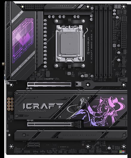 Материнская плата Maxsun MS-iCraft B850 AIGA, AM5, AMD B850, 4xDDR5, 2xSATA 6Gb/s, 4xM.2 PCIe, 2xPCIe 5.0 x16, 1xPCIe 3.0 x1, 1xDisplayPort, 1xHDMI, 1x5Gb LAN, 4xUSB 2.0, 4xUSB 3.2 Gen2, 1xUSB 3.2 Gen2 Type-C, 5x3.5 мм, 1xS/PDIF, 7.1, ATX