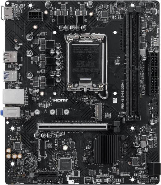 Материнская плата MSI PRO H610M-S DDR4 II, LGA1700, Intel H610, 2xDDR4, 2xSATA, 1xM.2 PCIe 3.0, 1xPCIe 4.0 x16, 1xPCIe 3.0 x1, 1xHDMI, 1x 1Gb LAN, 2xUSB 3.2 Gen1, 4xUSB 2.0, 3x3.5 мм, 7.1, microATX