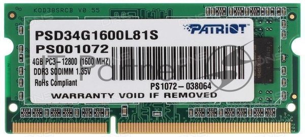 Оперативная память Patriot, DDR3L, 4GB (1x4 GB), 1600 MHz, CL11, SO-DIMM