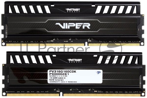 Оперативная память Patriot Viper 3, DDR3, 16GB (2x8 GB), 1600 MHz, CL10, DIMM, радиатор, черный