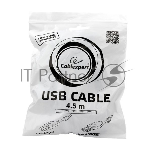 Кабель Gembird/Cablexpert USB 2.0, AM/AF, 4.5м, экран, 2феррит.кольца, черный, пакет