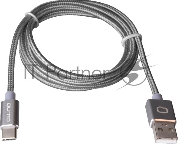 Кабель Qumo Type-С кабель, 1м, USB 2.0, 5В, 2А, 10Вт, тканевая оплетка, стальной коннектор, серый космос