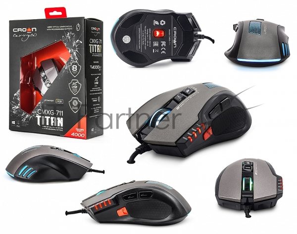 Мышь проводная Crown Gaming CMXG-711 черный, 4000 dpi, USB, кнопки - 8