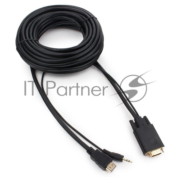 Кабель HDMI->VGA Cablexpert A-HDMI-VGA-03-10M, 19M/15M + 3.5Jack, медь, позол.разъемы, 10м, черный, пакет