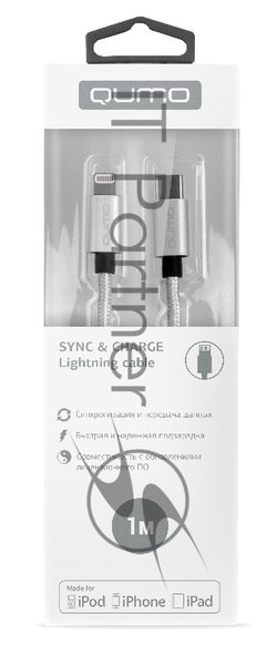 Кабель Qumo MFI, Type-С -Apple 8 pin, 1м, Type-C, 5В, 2,4А, 12W, нейлоновая оплетка, металлический коннектор, серебро