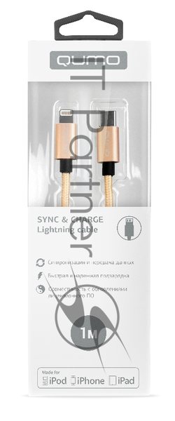 Кабель Qumo MFI, Type-С -Apple 8 pin, 1м, Type-C, 5В, 2,4А, 12W, нейлоновая оплетка, металлический коннектор, золото