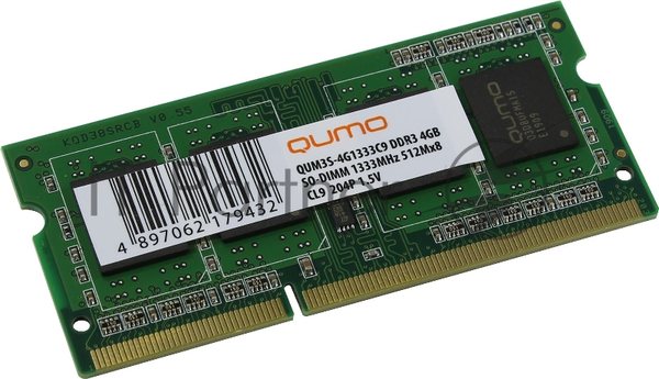 Оперативная память Qumo, DDR3, 4GB (1x4GB), 1333 MHz, CL9, без радиатора, SO-DIMM