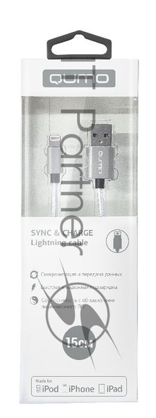 Кабель Qumo, MFI С48, USB-Apple 8 pin, 0,15м, 5В, 2,4A, 12Вт, опл. нейлон, кон металл, серебро