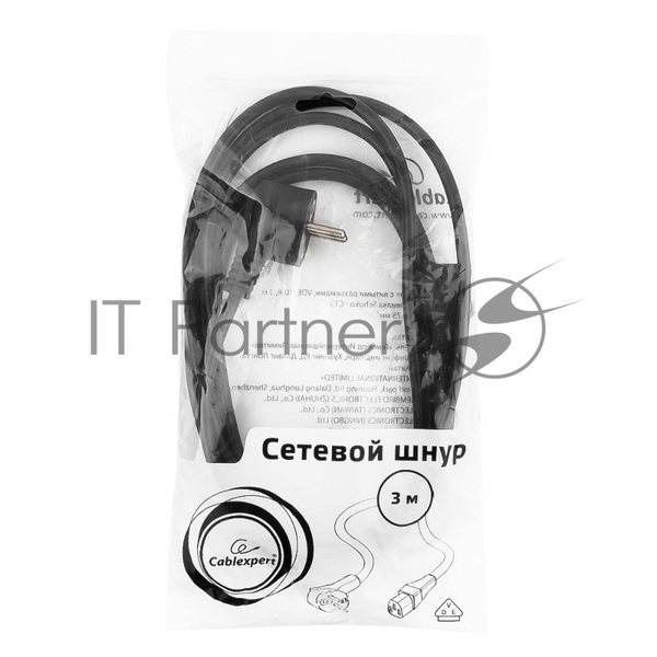 Кабель питания Cablexpert PC-186-VDE-3M, 3м, Schuko- C13, VDE, 10А, Сечение провода: 0,75 мм2, черный, с заземлением