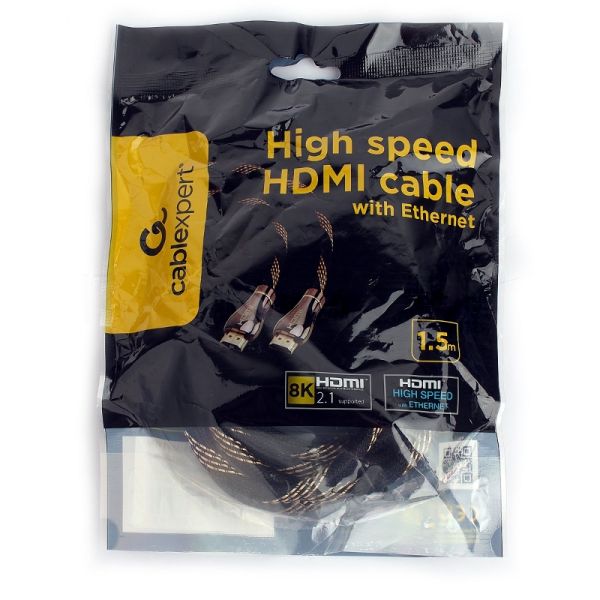 Кабель Cablexpert HDMI CCP-HDMI8К-1.5M, 19M/19M, v2.1, 8К, медь, позол.разъемы, экран, оплетка, 1.5м, черный, пакет