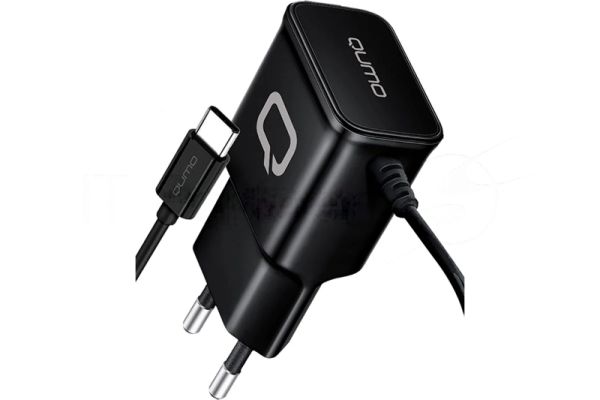 Сетевое зарядное устройство Qumo Energy (Charger 0025) 2.1A, встроенный кабель TYPE-C, черный