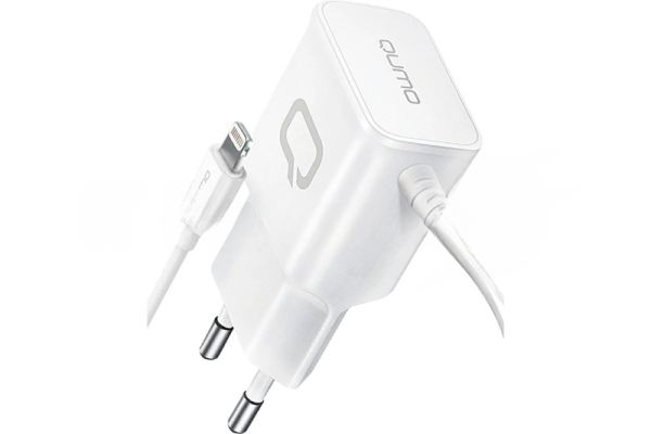 Сетевое зарядное устройство Qumo Energy (Charger 0026) 2.1A, встроенный кабель Lightning 8 Pin, белый
