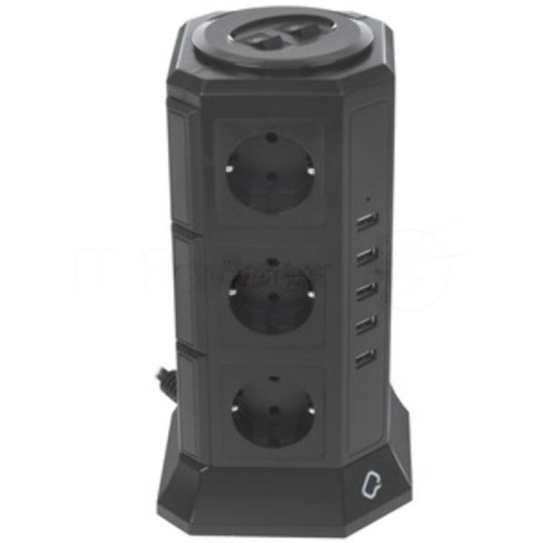 Сетевой фильтр Qumo Power Tower Pro 12SP5U (P-0001), 12 розеток, 2200 Вт, 10A, кабель 2 м 3*1 мм чистая медь, пожаробезопасный пластик, евровилка, 5 USB портов 4.5A суммарно