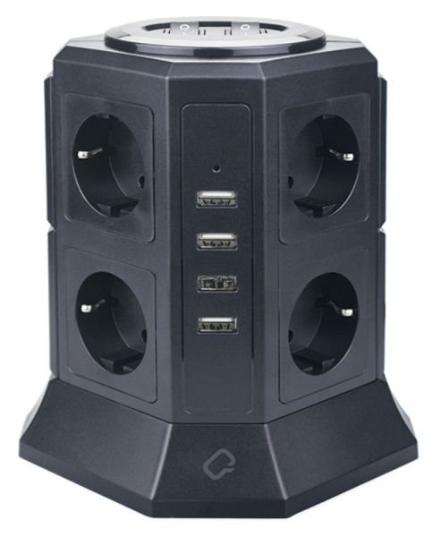 Сетевой фильтр Qumo Power Tower Pro 8SP4U (P-0002), 8 розеток, 2200 Вт, 10A, кабель 2 м 3*1 мм чистая медь, пожаробезопасный пластик, евровилка, 4 USB порта 4.5A суммарно