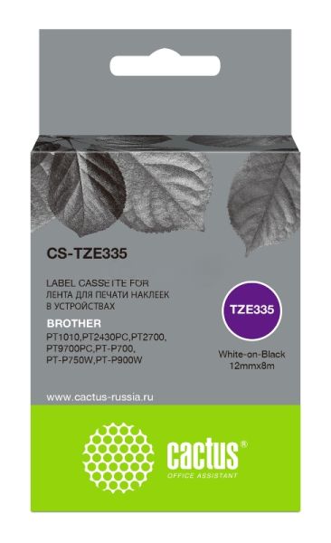 Картридж ленточный Cactus CS-TZE335 белый шрифт, черный фон (12 мм, 8 м) для Brother 1010/1280/1280VP/2700VP