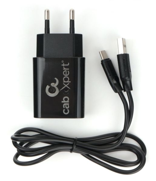 Сетевое зарядное устройство Cablexpert MP3A-PC-37 USB 2 порта, 2.4A, черный + кабель 1м Type-C