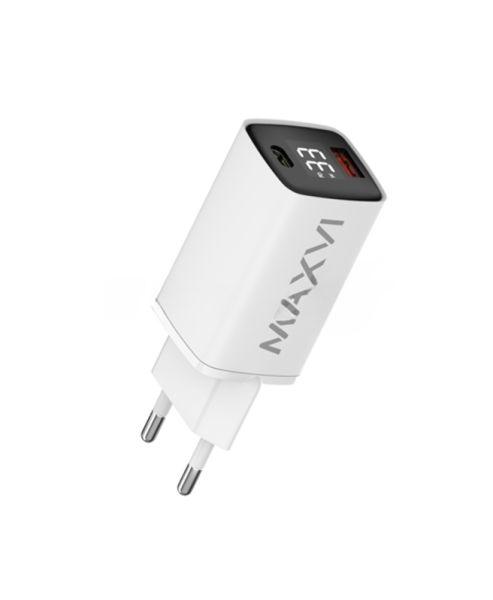 Сетевое зарядное устройство Maxvi A402PD LED 33W, 1xUSB-A, 1xUSB-C, белый