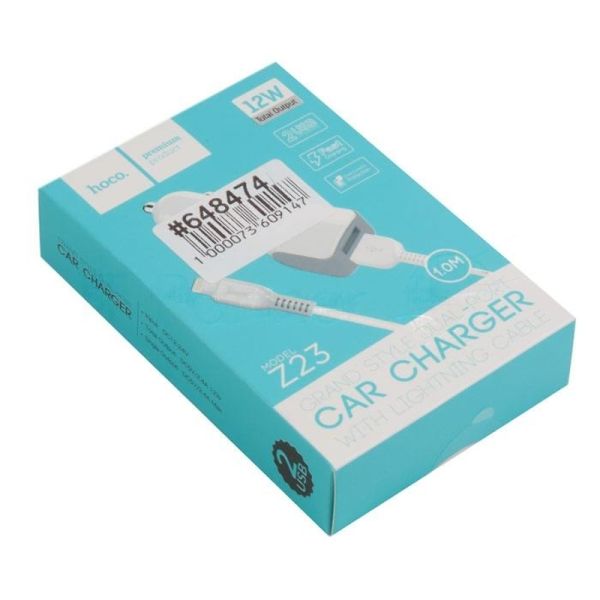 Автомобильное зарядное устройство HOCO z23 grand style dual-port car charger set with lightning cable, белый