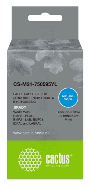 Картридж ленточный Cactus CS-M21-750595YL черный шрифт, желтый фон (19.1 мм, 6.4 м) для Brady BMP21-PLUS, BMP21-LAB