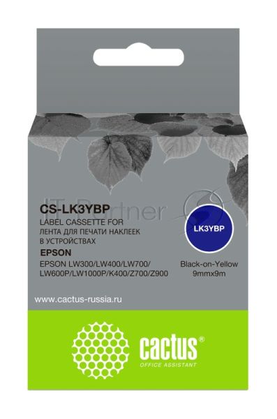 Картридж ленточный Cactus CS-LK3YBP черный шрифт, желтый фон (9 мм, 9 м) для Epson LW300/LW400/LW700/LW600P/LW1000P/K400/Z700/Z900