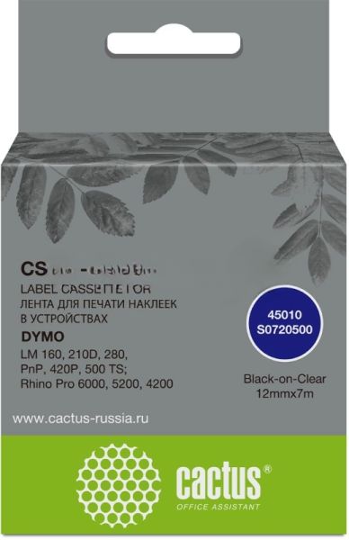 Картридж ленточный Cactus CS-D1-45010 12мм, черный шрифт, прозрачный фон, 7м для DYMO LM 160, 210D, 280, PnP, 420P, 500 TS; Rhino Pro 6000, 5200, 4200