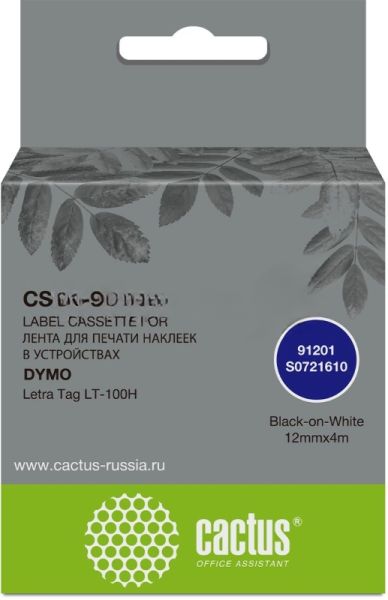 Картридж ленточный Cactus CS-LT-91201 черный шрифт, белый фон (12 мм, 4 м) для Dymo Letra Tag LT-100H