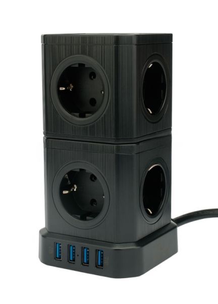 Сетевой фильтр Cablexpert Tower TWR-9-U4-B-2, 9 р, 16А, 4хUSB, 3.1А, 2 м, ур.защиты 4+, черный, коробка