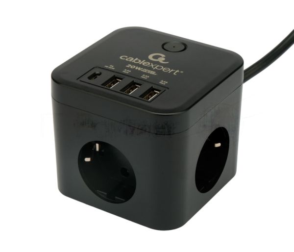 Сетевой фильтр Cablexpert Cube CUBE-3-CU3-B-1.5, 3 р, 10А, 1xType-C PD, 3xUSB, 1.5 м, ур.защиты 4+, черный, коробка