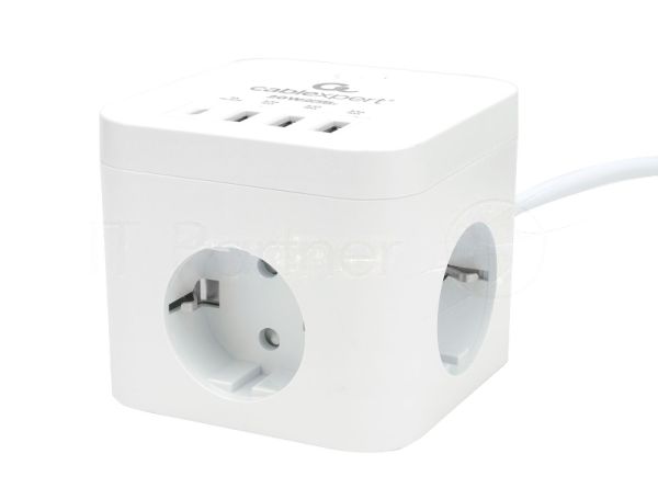 Сетевой фильтр Cablexpert Cube CUBE-3-CU3-W-1.5, 3 р, 10А, 1xType-C PD, 3xUSB, 1.5 м, ур.защиты 4+, белый, коробка