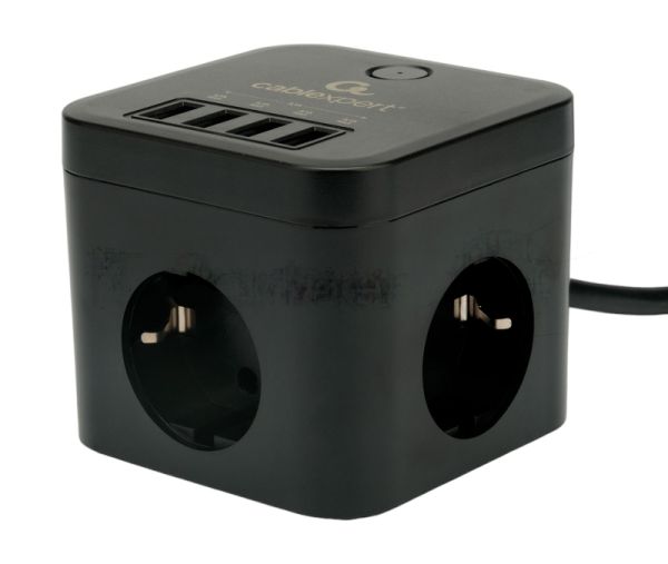 Сетевой фильтр Cablexpert Cube CUBE-3-U4-B-1.5, 3 р, 10А, 4хUSB, 1.5 м, ур.защиты 4+, черный, коробка